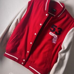PLAYBOY Red and White Varsity Jacket with Bold Design